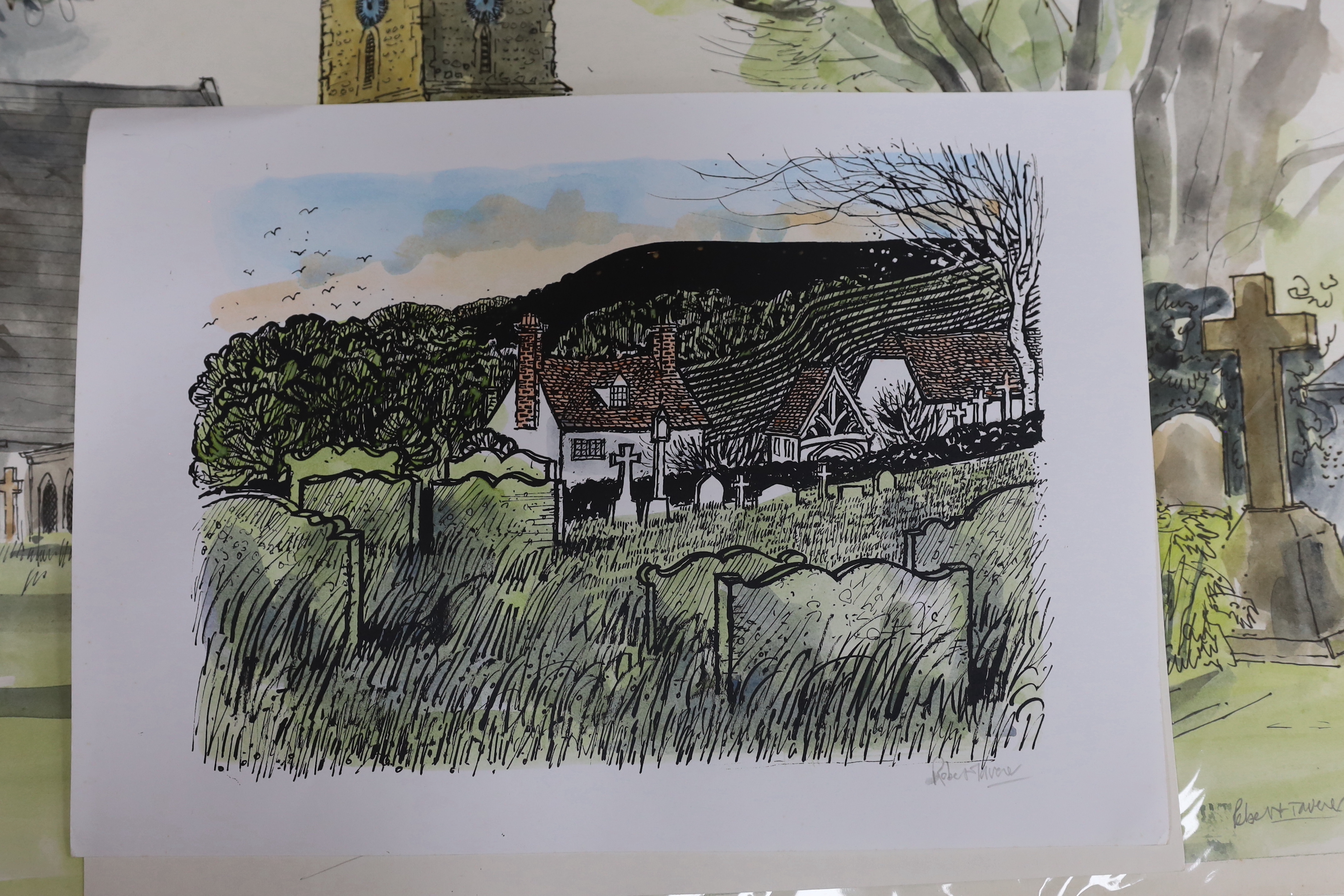 Robert Tavener (1920-2004) two ink and watercolours, each signed, together with three colour lithographs, each signed in pencil, Street scenes, unframed, largest 38 x 45cm